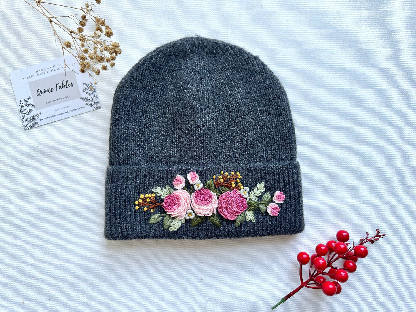 Red Hand-Embroidered Beanie, Collection Noelle: 5. Flower Garden