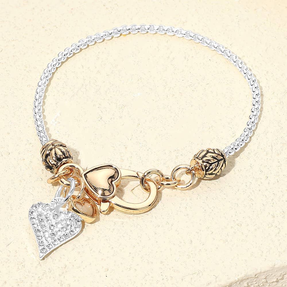 Elegant Crystal Accent Heart Charm Bracelet: Gold