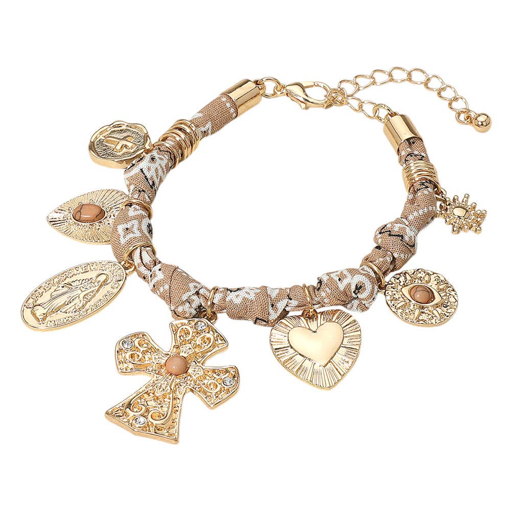 Chunky Religious Cross Heart Charm Station Fabric Chain Bracelet: Black,Gold