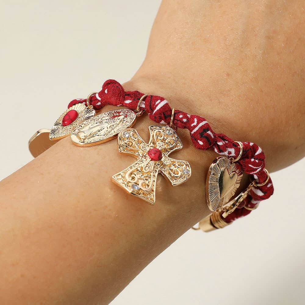 Chunky Religious Cross Heart Charm Station Fabric Chain Bracelet: Black,Gold