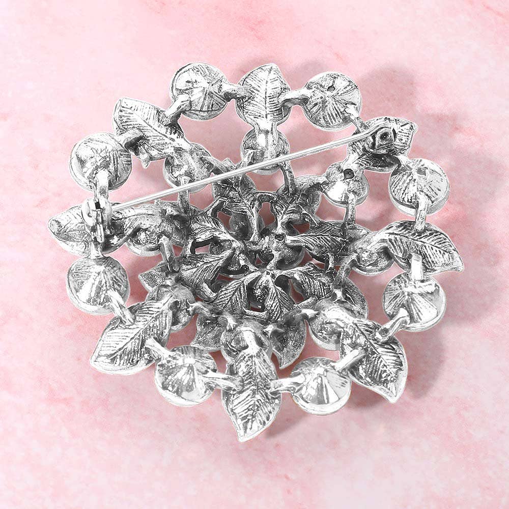 Rhinestone Embellished Elegant Floral Pin Brooch: AB,Silver