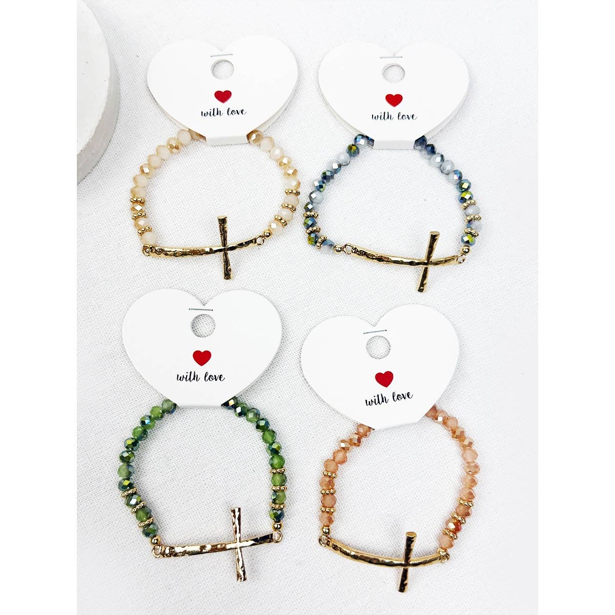 Hammered Cross Bead Stretch Bracelet: Mixed colors