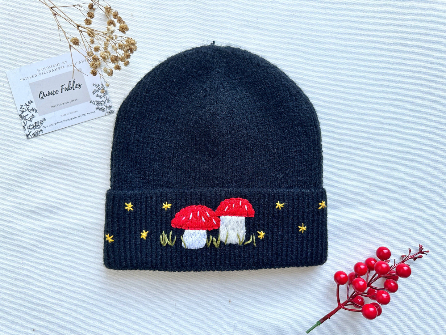 Tan Hand-Embroidered Beanie, Collection Noelle: 3. Roses