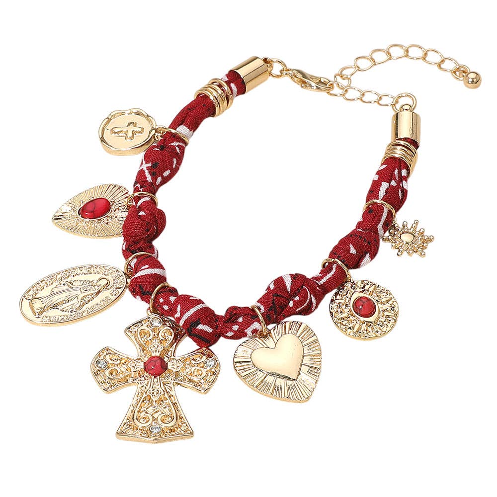 Chunky Religious Cross Heart Charm Station Fabric Chain Bracelet: Black,Gold