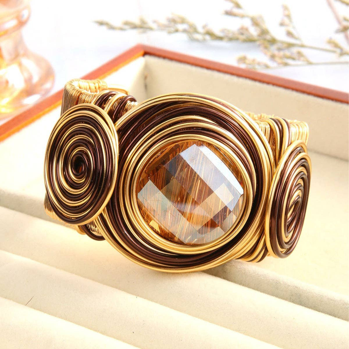 Vintage Punk Handwoven Wire Crystal Open Cuff Bangle