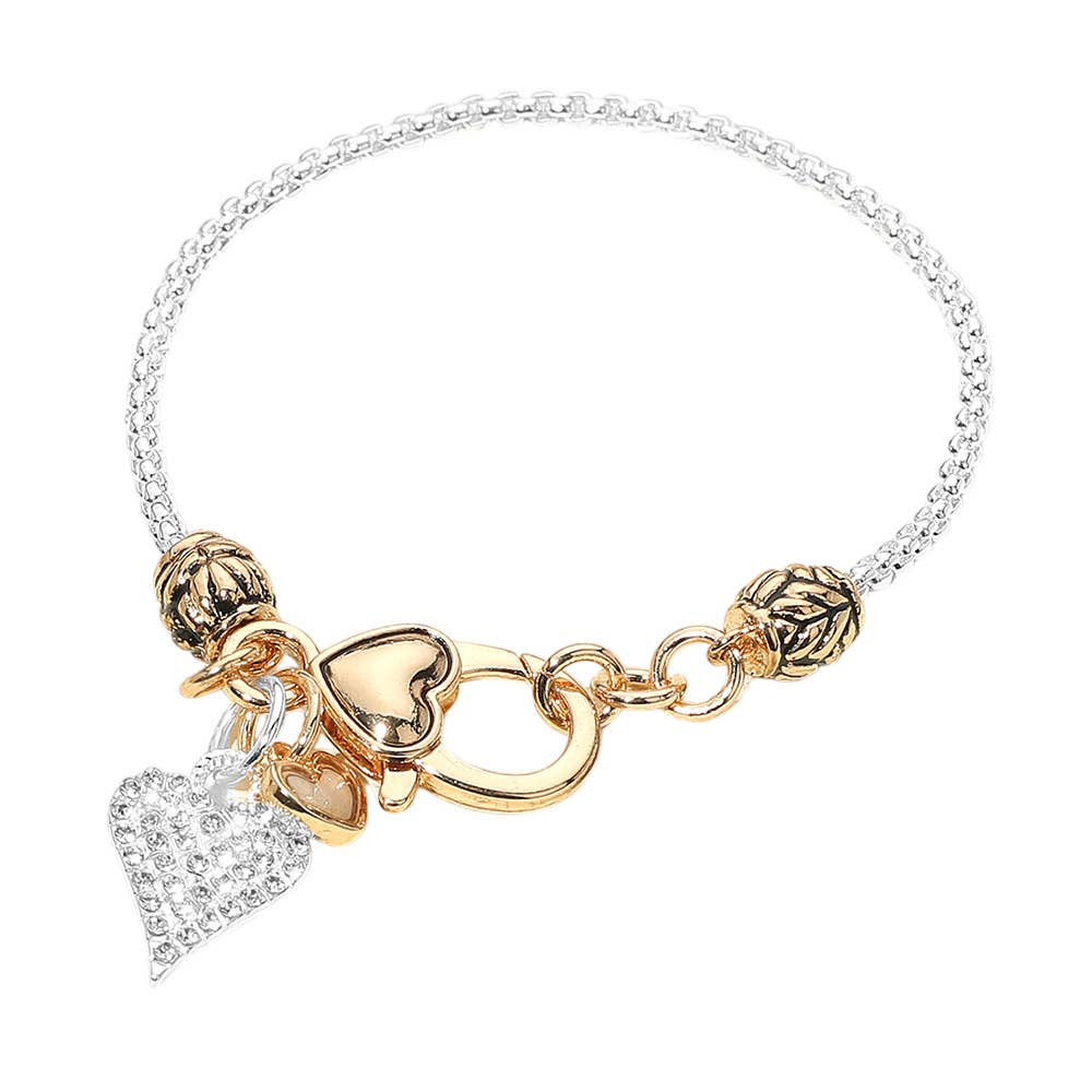 Elegant Crystal Accent Heart Charm Bracelet: Gold