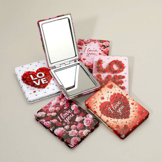 Glittered LOVE Message Heart Floral Printed Compact Mirrors
