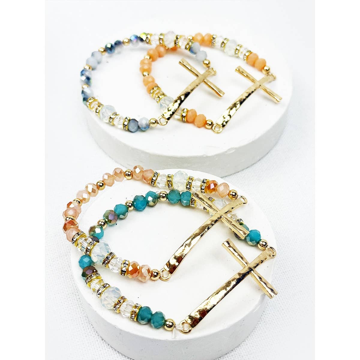 Hammered Cross Bead Stretch Bracelet: Mixed colors