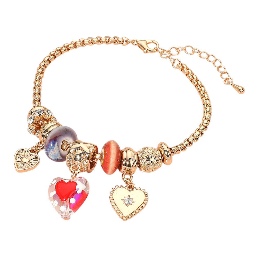 Romantic Triple Heart Charm Multi Bead Bracelet