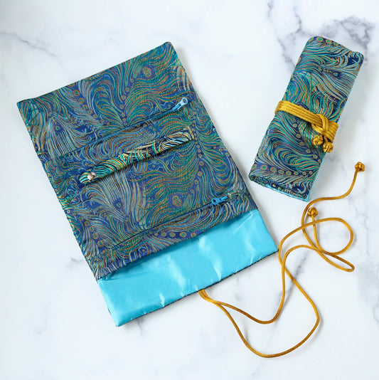 Peacock Feather Brocade Jewelry Roll