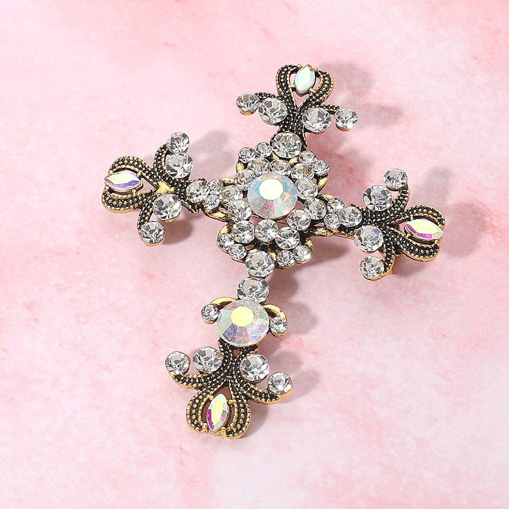 Silver Cross Brooch Elegant Stone Embellished