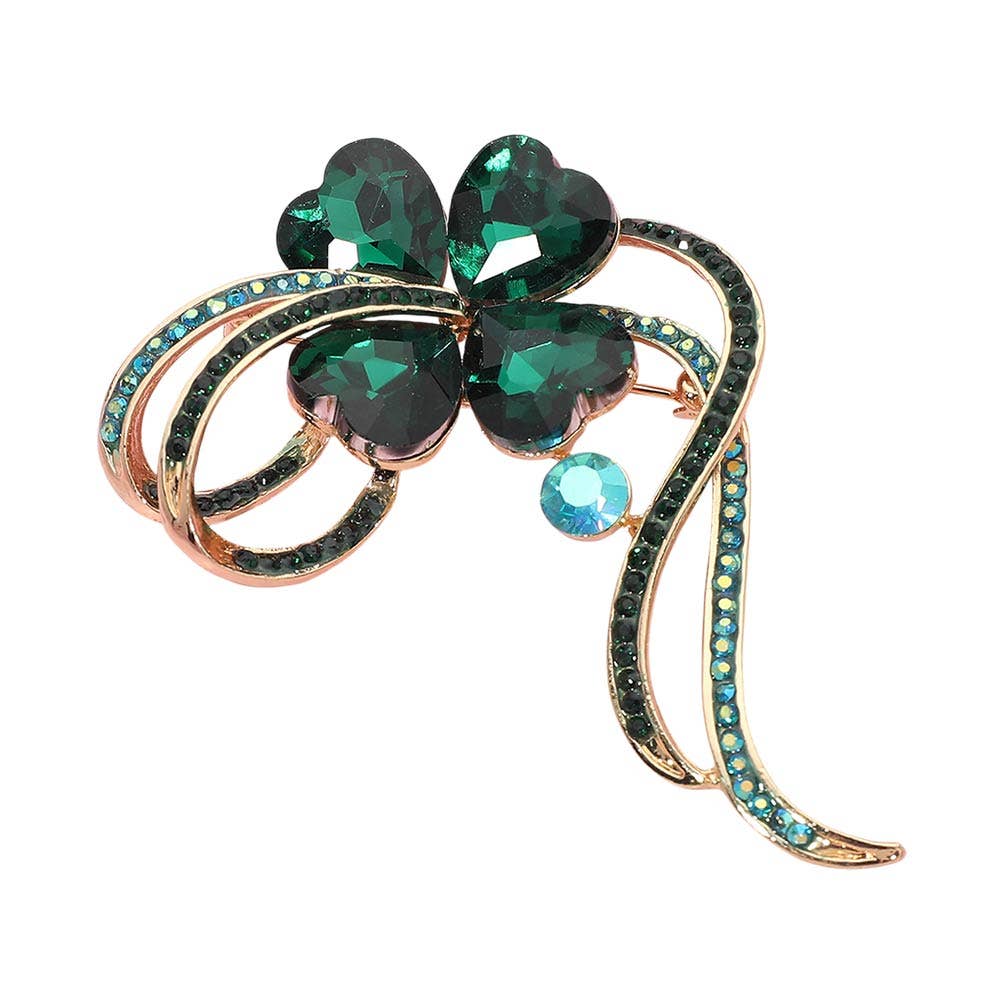 Clover ribbon Pin Brooch: Emerald,Gold