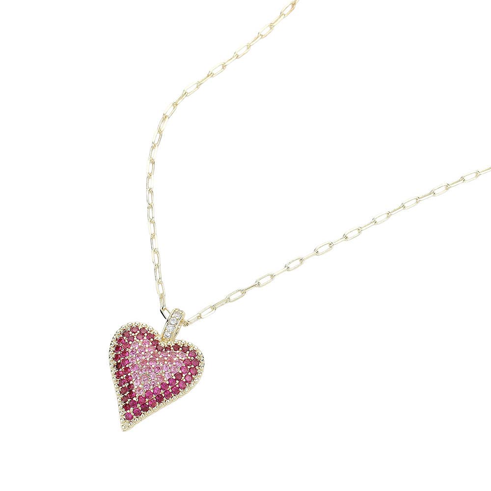 Heart Paperclip Chain Pendant Necklace 14K Gold Plated CZ Stone Paved