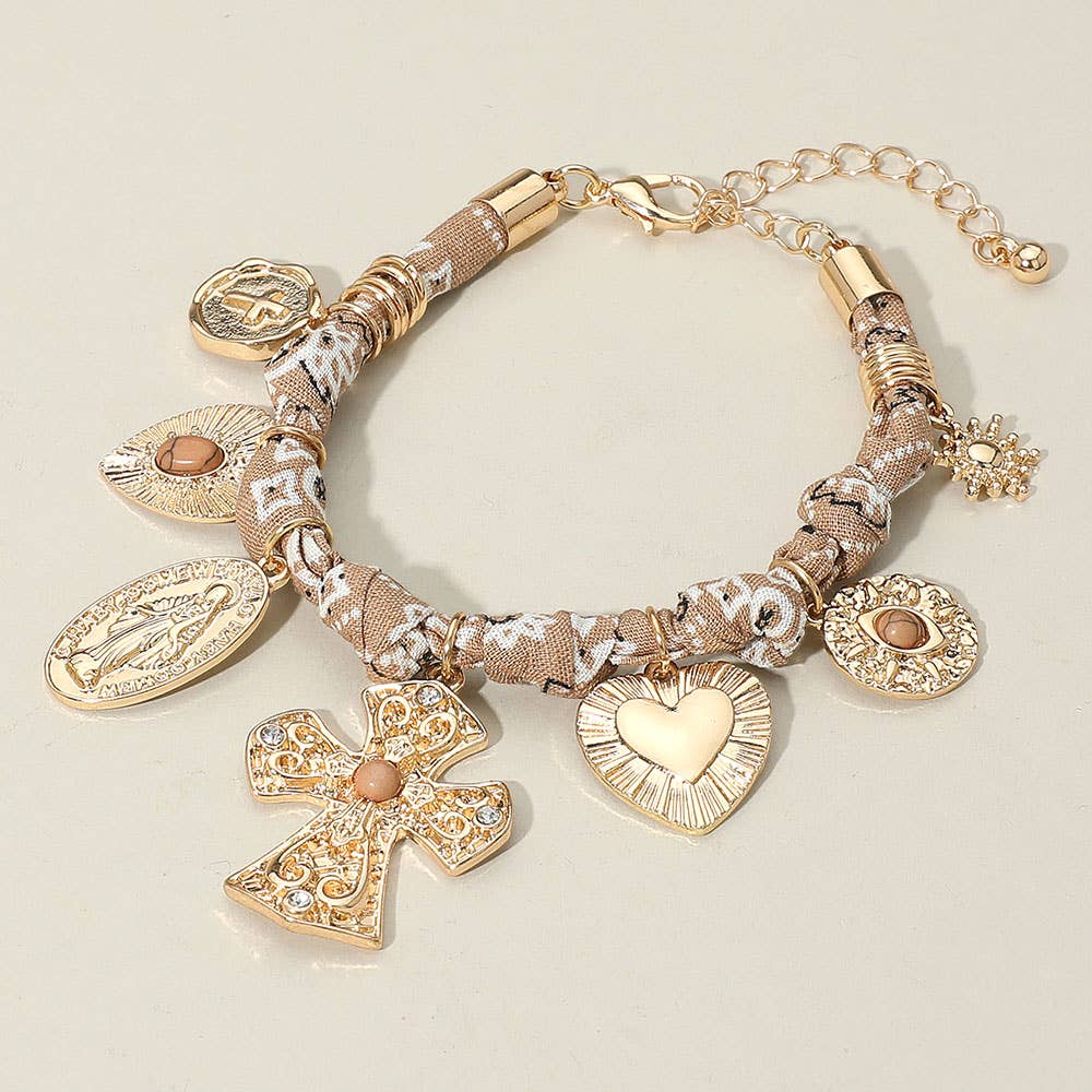 Chunky Religious Cross Heart Charm Station Fabric Chain Bracelet: Black,Gold