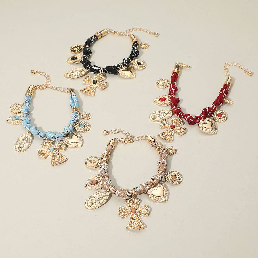 Chunky Religious Cross Heart Charm Station Fabric Chain Bracelet: Black,Gold