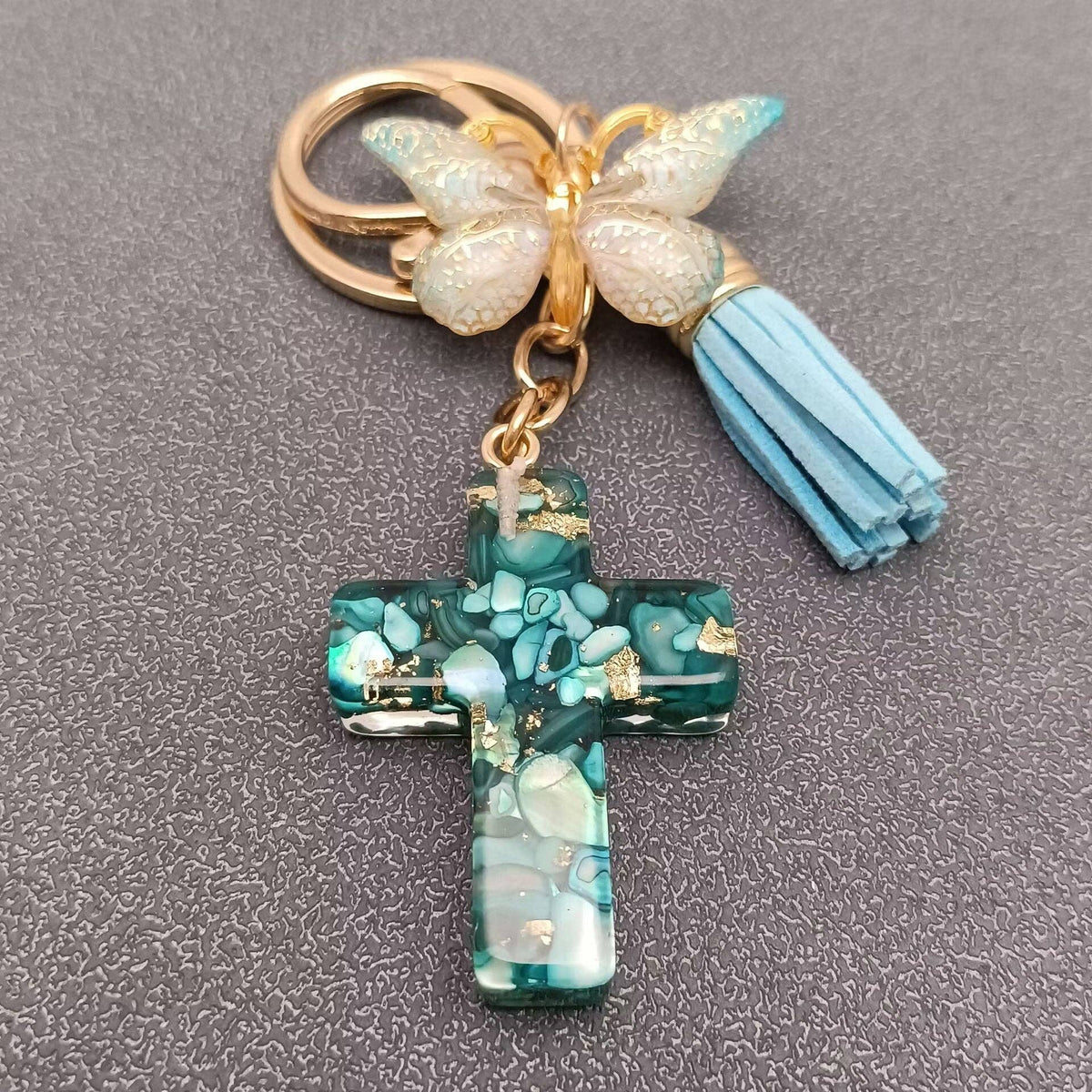 Resin Cross Butterfly Charm Tassel Keychain Bag Ornaments: Sky Blue