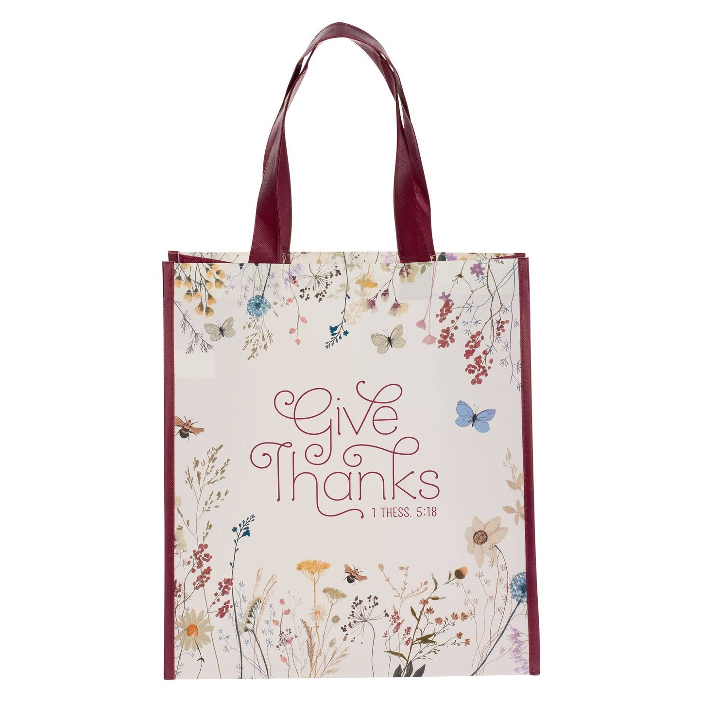Tote Burgundy/White Floral Printed Give Thanks 1 Thess. 5:18