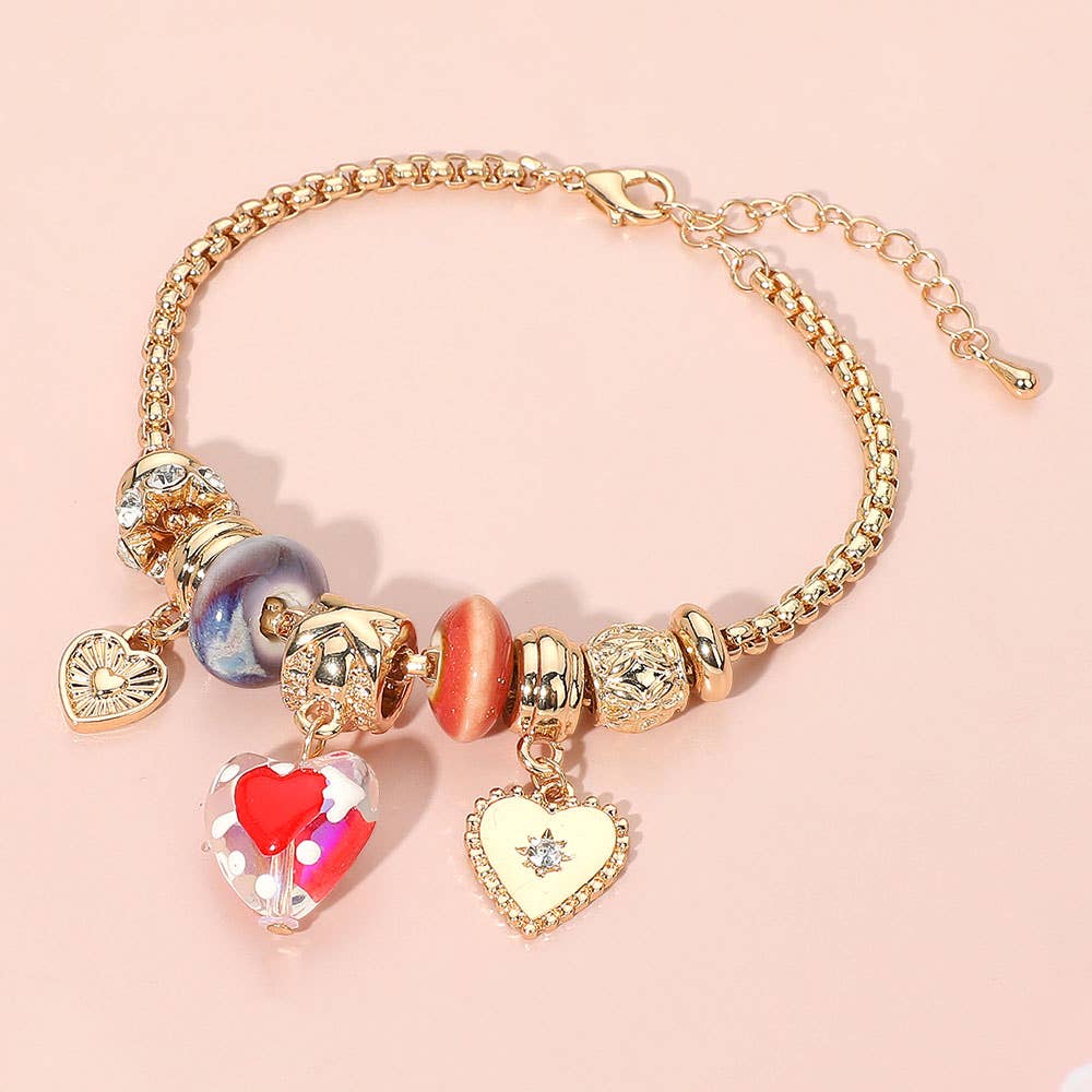 Romantic Triple Heart Charm Multi Bead Bracelet