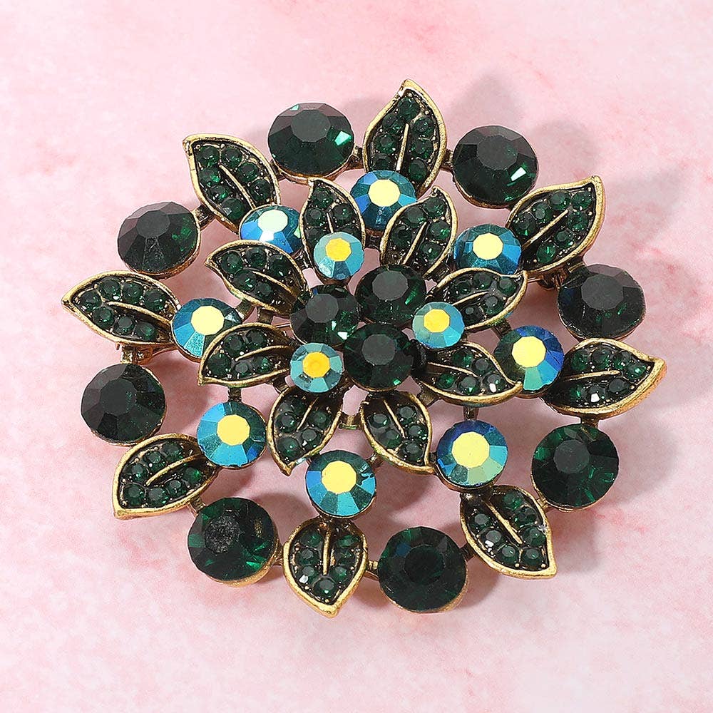Emerald brooch Rhinestone Embellished Elegant Floral Pin