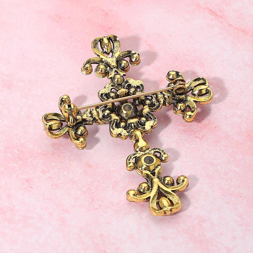 Gold Cross Brooch Elegant Stone Embellished