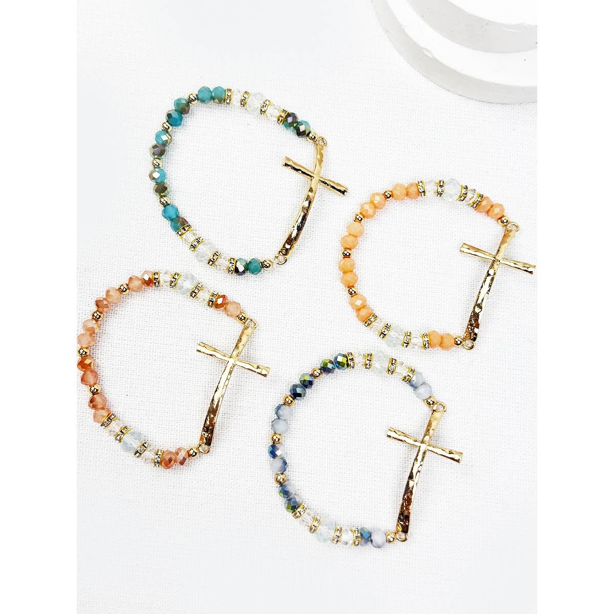 Hammered Cross Bead Stretch Bracelet: Mixed colors