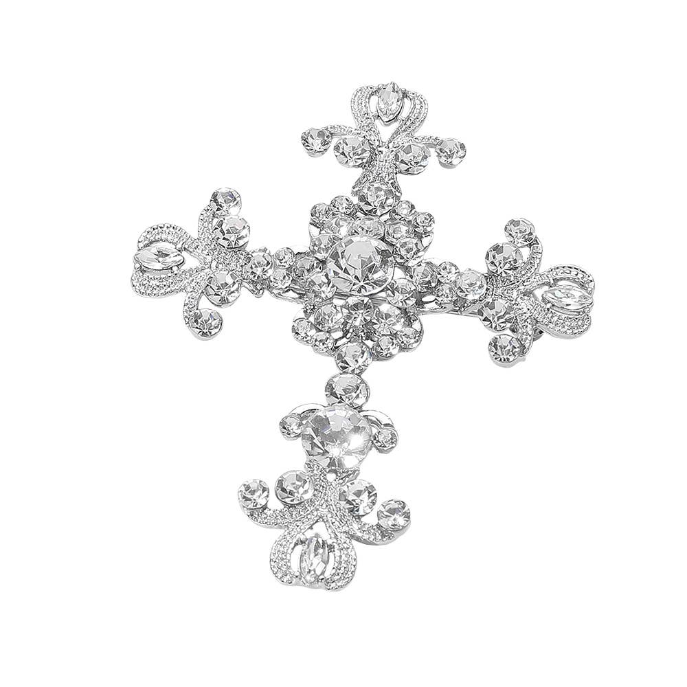 Silver Cross Brooch Elegant Stone Embellished