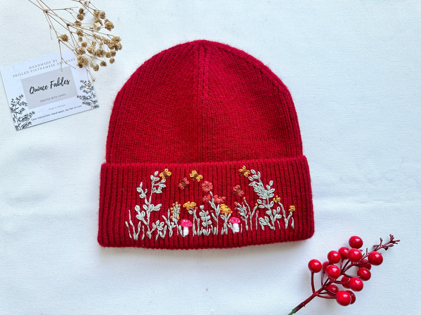 Tan Hand-Embroidered Beanie, Collection Noelle: 3. Roses