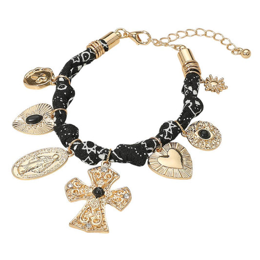 Chunky Religious Cross Heart Charm Station Fabric Chain Bracelet: Black,Gold