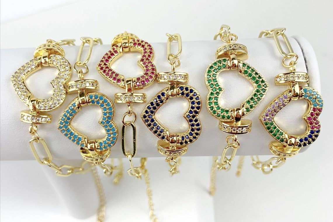 Blue Paperclip Link and Colored CZ Bracelet 18k Gold Filled