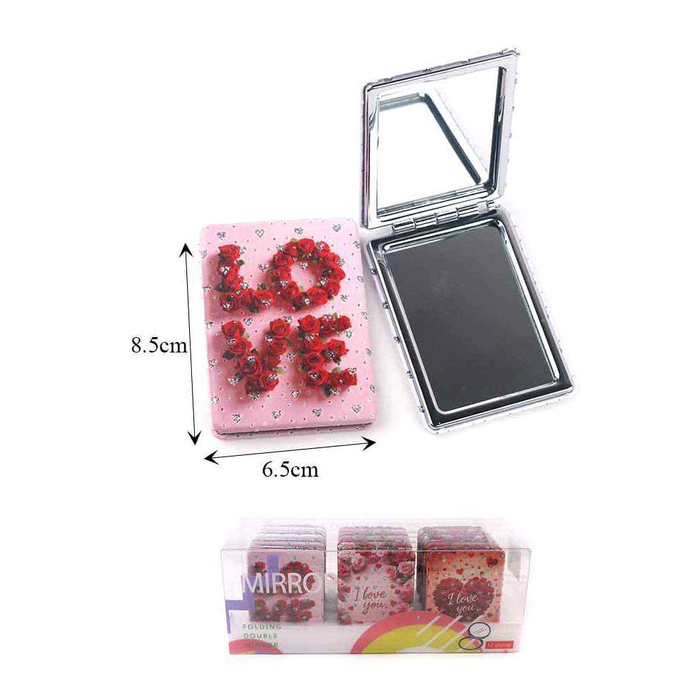 Glittered LOVE Message Heart Floral Printed Compact Mirrors