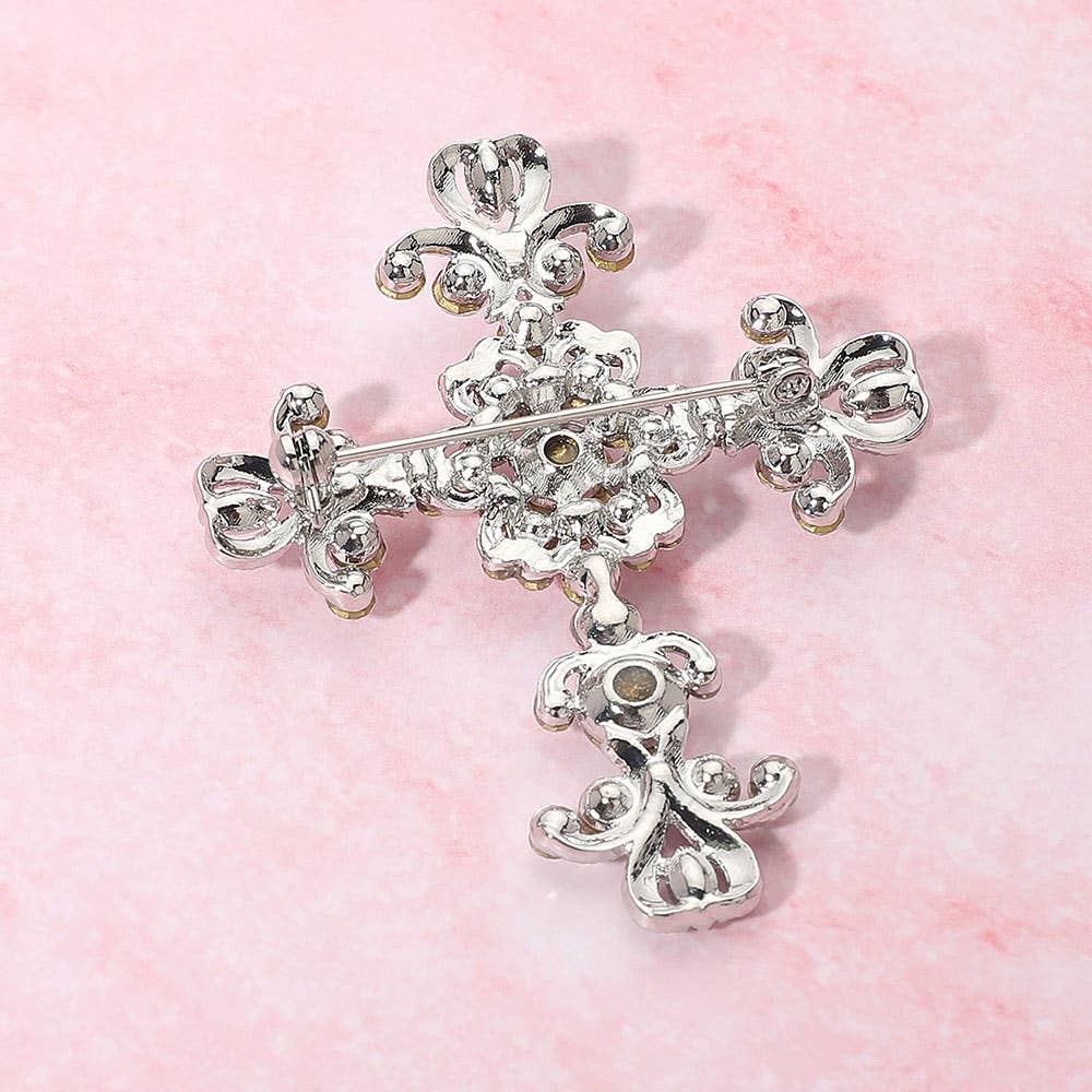 Silver Cross Brooch Elegant Stone Embellished