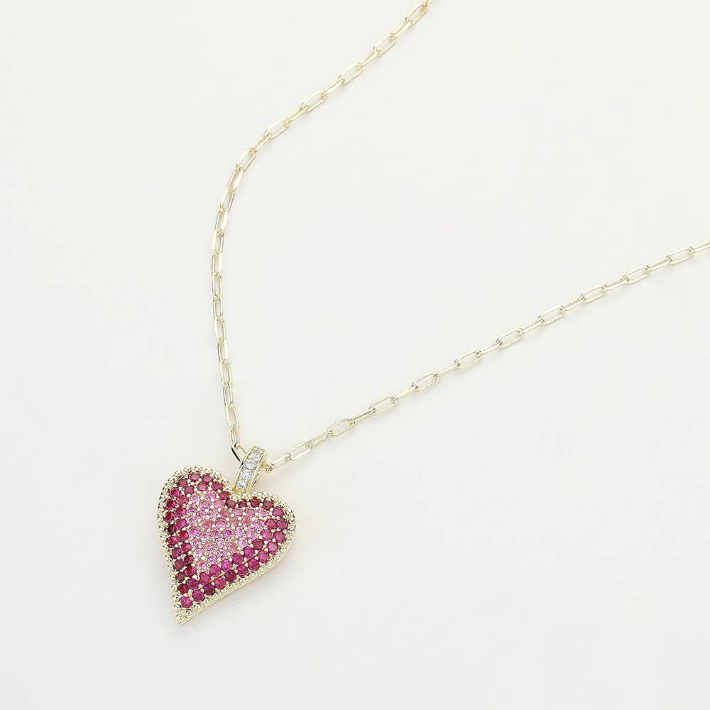 Heart Paperclip Chain Pendant Necklace 14K Gold Plated CZ Stone Paved