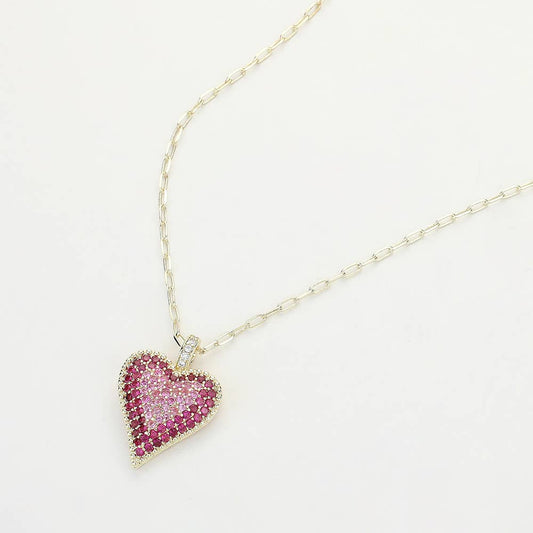 Heart Paperclip Chain Pendant Necklace 14K Gold Plated CZ Stone Paved