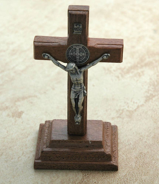 Silver Brazilian Benedict Wood Crucifix with Stand