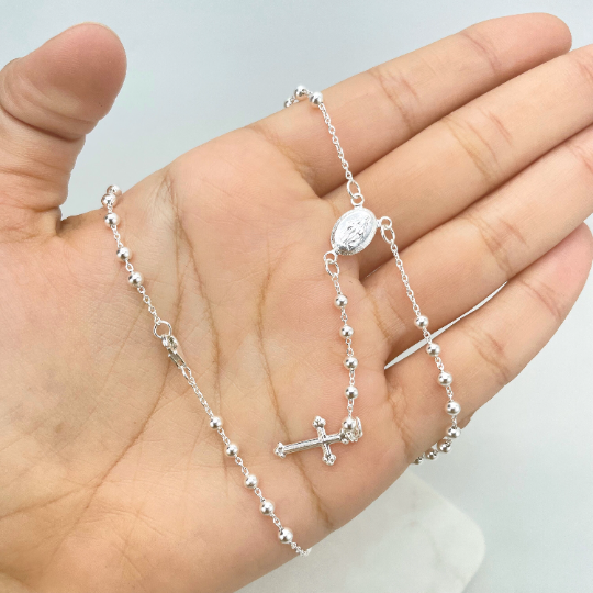Sterling Silver Rosary with La Milagrosa, Miraculous Virgin Necklace 18 Inches Beaded