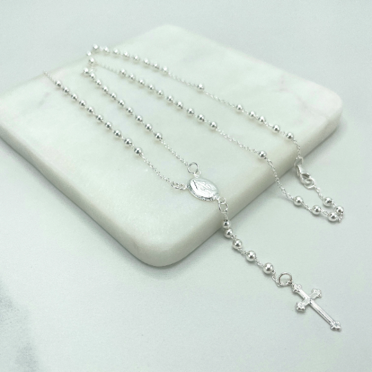 Sterling Silver Rosary with La Milagrosa, Miraculous Virgin Necklace 18 Inches Beaded