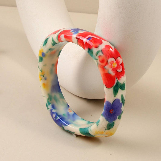 Red Peony Bohemian Resin Bangle Vintage Floral Pattern