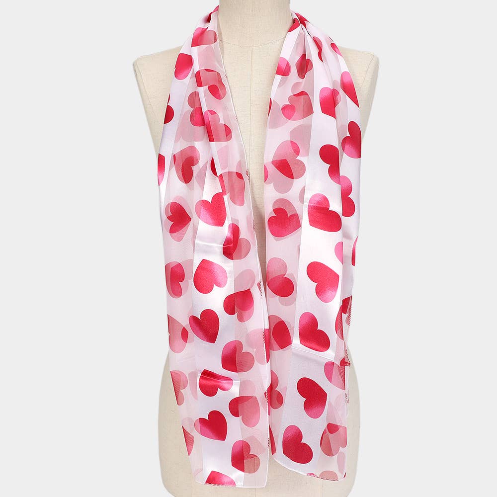 Valentine Heart Patterned Scarf, Silk Feel Satin- White