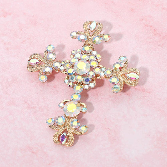Gold Cross Brooch Elegant Stone Embellished