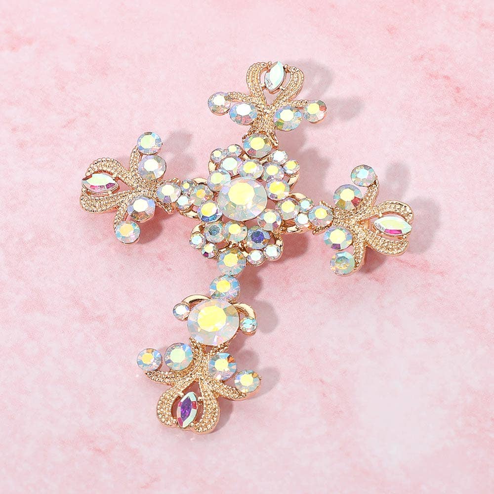 Silver Cross Brooch Elegant Stone Embellished