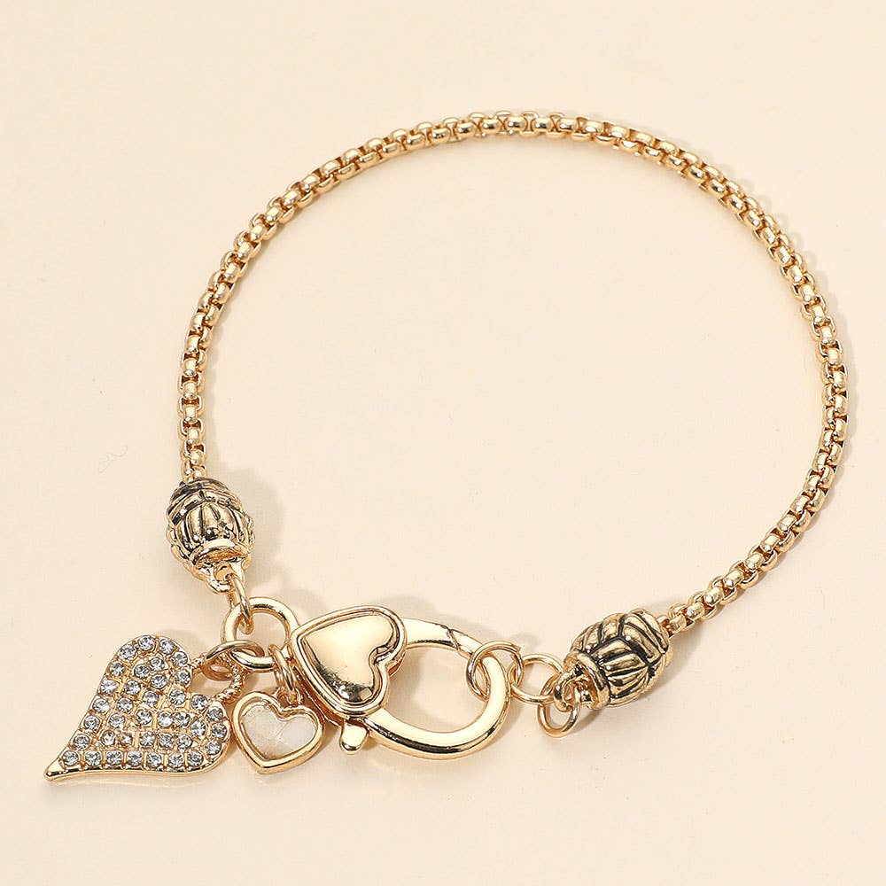 Elegant Crystal Accent Heart Charm Bracelet: Gold