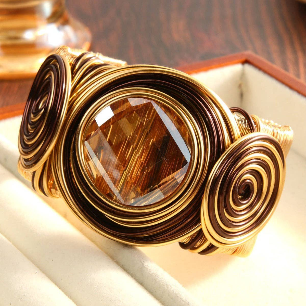 Vintage Punk Handwoven Wire Crystal Open Cuff Bangle