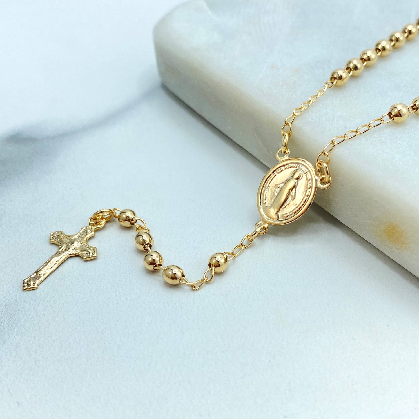 Rosary with La Milagrosa Charm, Gold Balls with Miraculous Virgin 18k Gold Filled Gold Beaded