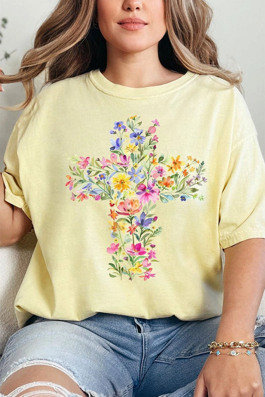 Watercolor Floral Cross Tee