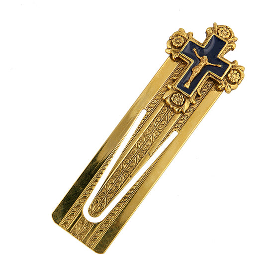 Gold-Dipped Bookmark with Blue Crucifix Cross
