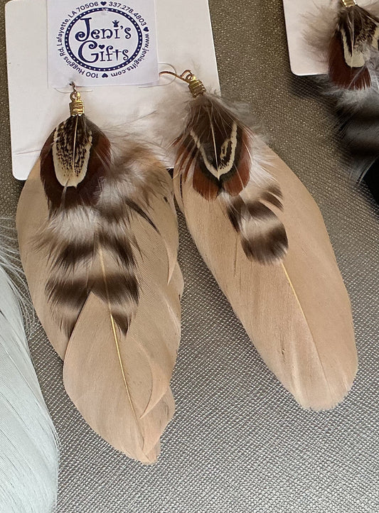 Beige & Brown Feather Dangles