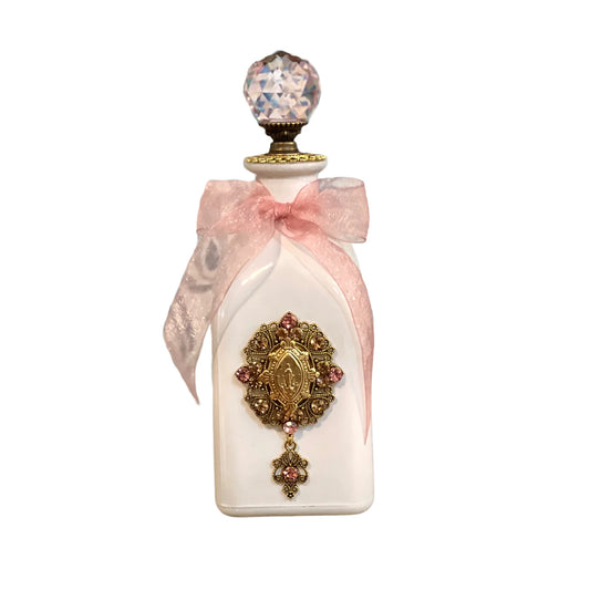 HWB Miraculous Medal Holy Water Bottle, Gold French, White Glass with Pink Crystals