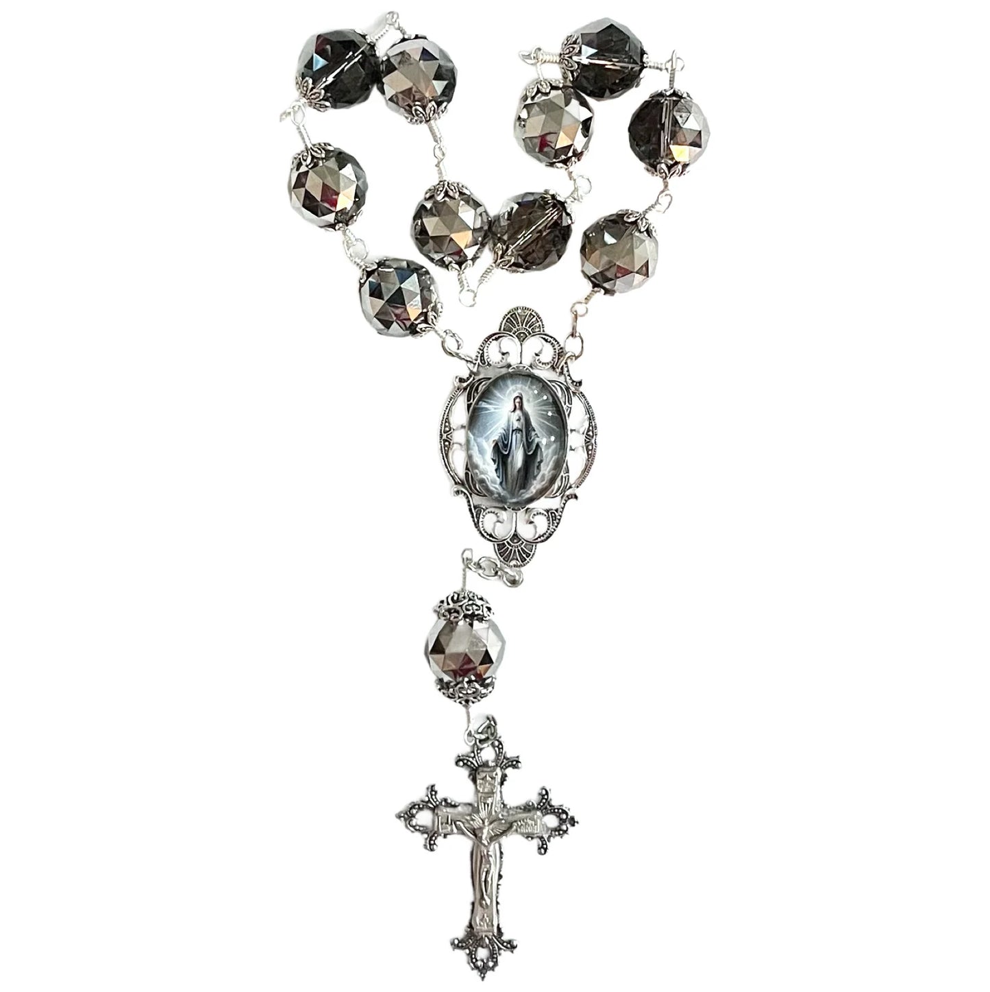 Our Lady of Grace Table Rosary, One Decade, Large, Gunmetal & Silver