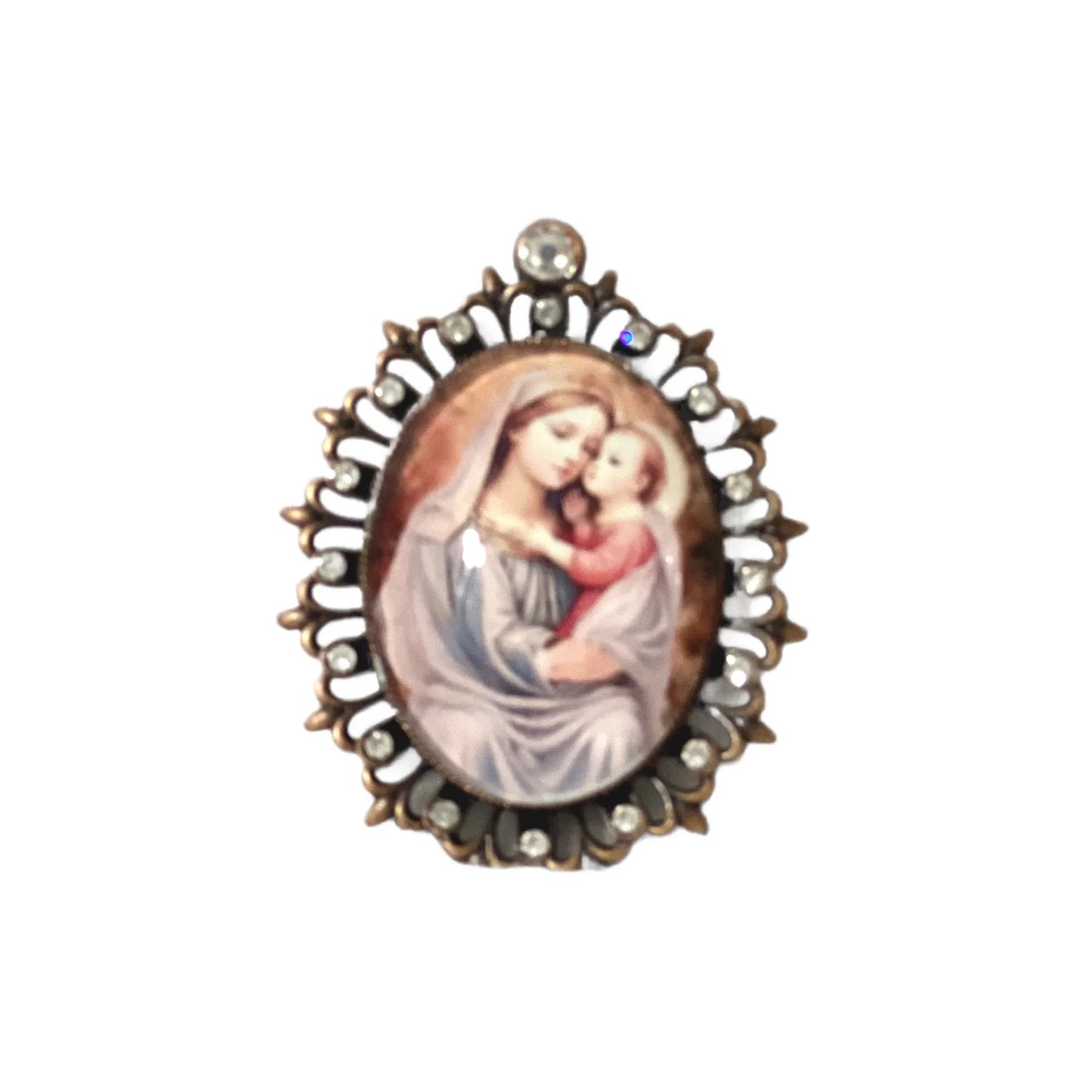 Blessed Mother & Infant Jesus Magnet, Copper & Crystal