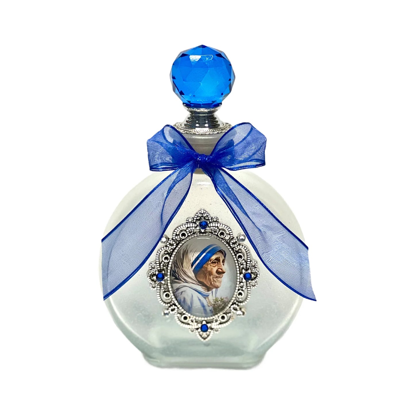 Saint Mother Teresa Holy Water Bottle, Frosted Glass, Silver